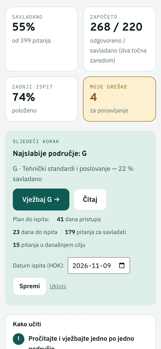 Pregled tečaja na mobitelu: savladano, započeta pitanja, zadnji ispit, moje greške i sljedeći korak